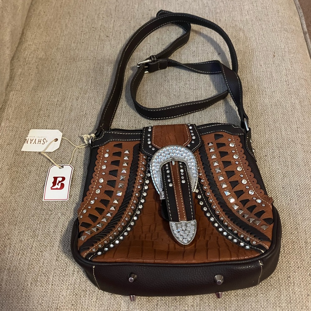 Brown leather rhinestone buckle purse